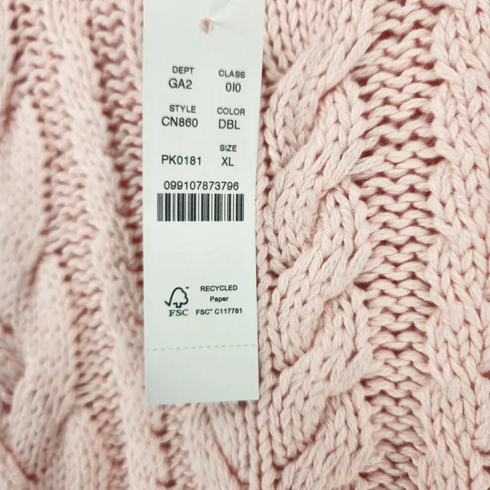 J.Crew‎ Women's Pink XL 100% Cotton XL Cable Knit Crewneck Sweater NWT